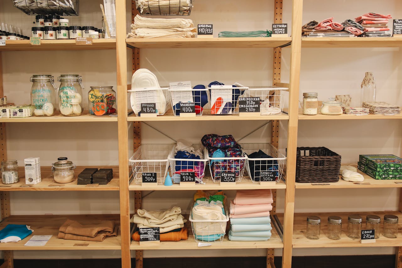 Textiles on Wooden Shelf