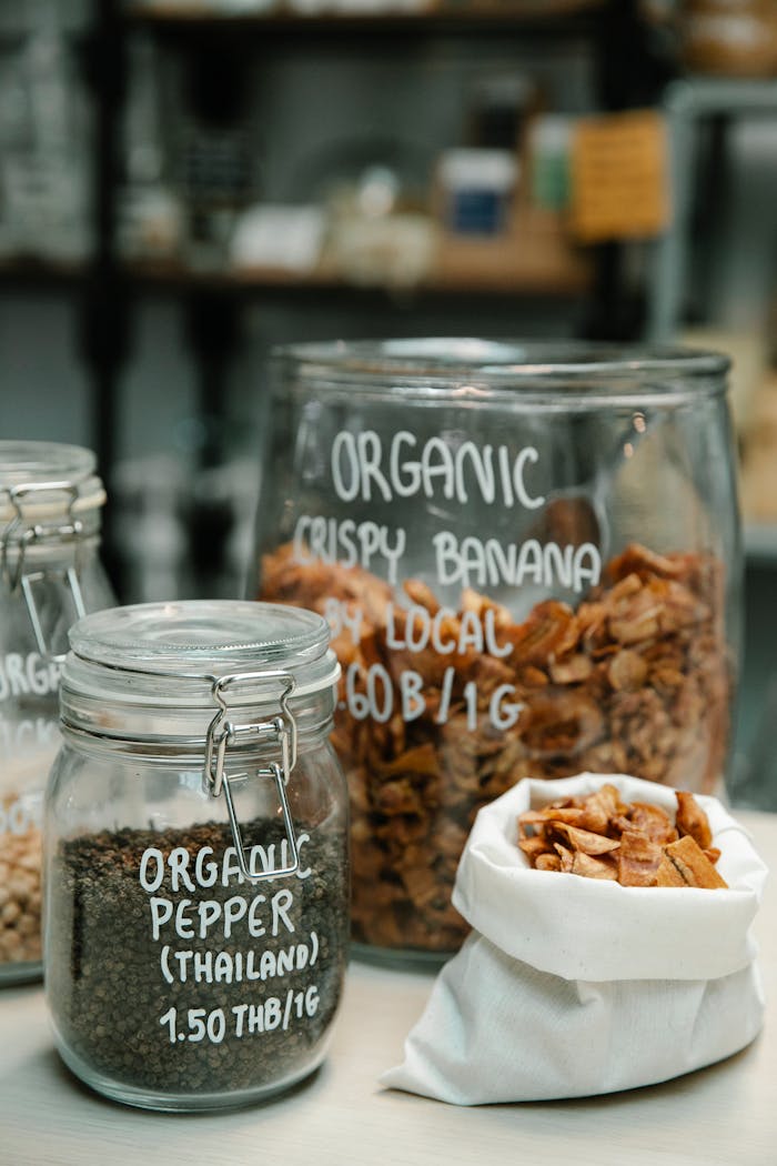 Organic Products on Glass jars